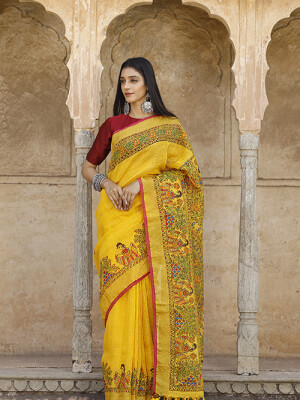 Yellow madhubani hand-painted pure linen saree