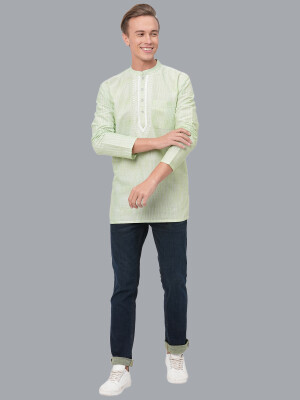 Light Green Color Handloom White Hand Block Printed Short Kurta