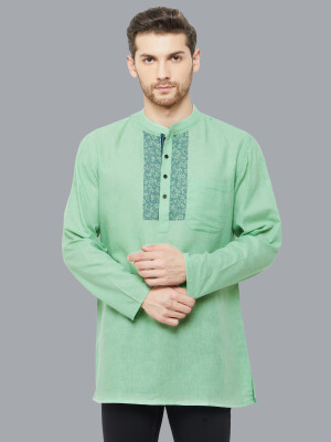 Green Handloom Textured & Printed Short Kurta