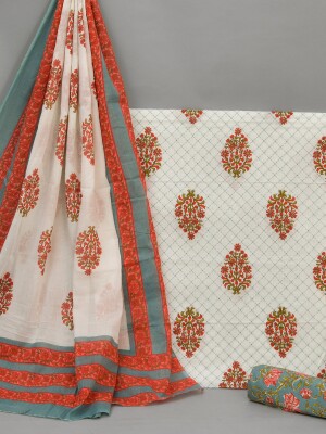 Classic jaipuri hand printed pure cotton unstitched suit | dress material with mulmul dupatta