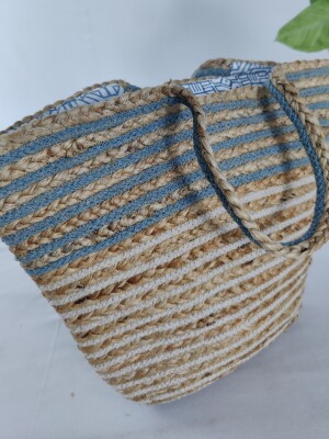 Jugaad Handcrafted Boat shaped Stylish Jute and cord bag in Natural and teal blue colour with Block printed cotton lining