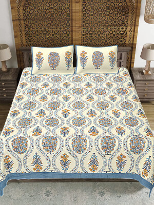 Floral Jaipuri Print Cotton king 90 by 108 Floral Bedsheet with two big size pillow cover BS-1 Cream color