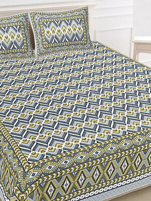 Zic Zac Green Jaipuri Print Cotton  90 by 108 Floral Bedsheet with two big size pillow cover BS-2