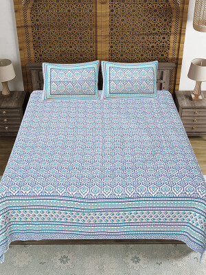 Sky Blue Jaipuri Print Cotton king 90 by 108 Floral Bedsheet with two big size pillow cover BS-4