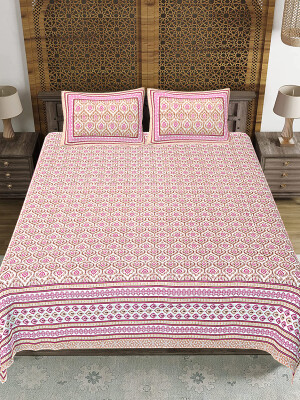 Jaipuri Print Cotton king 90 by 108 Floral Bedsheet with two big size pillow cover BS-5 Pink