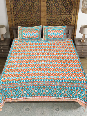 Sea Green Jaipuri Print Cotton king 90 by 108 Floral Bedsheet with two big size pillow cover BS-8
