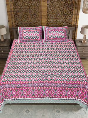 Pink Jaipuri Print Cotton king 90 by 108 Floral Bedsheet with two big size pillow cover BS-9