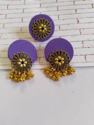 Stunning purple golden round studs earrings with adjustable ring set