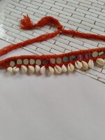 Adjustable red thread and mirror shell choker necklace