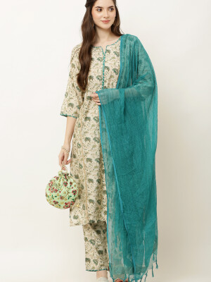 Maslin Cream Printed Suit with Dupatta.