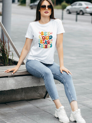 Women's Round Neck White See Good in All Things Printed Cotton T-shirt- DDTSW-7