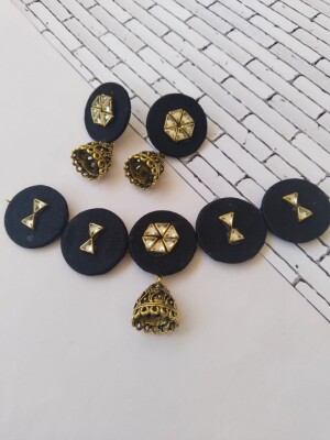 Black and golden fabric kundan choker set with earrings