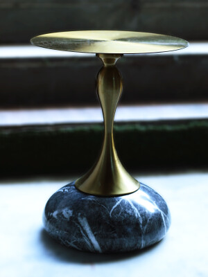 Luxury bronze side stool with classical wood & marble base