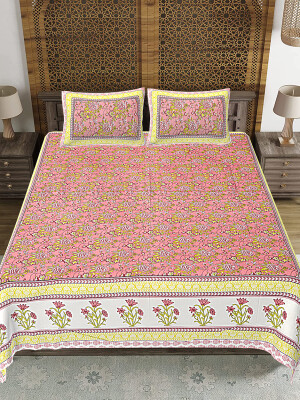 Floral Print Peach & Yellow Jaipuri Print Cotton king 90 by 108 Floral Bedsheet with two big size pillow cover BS-12