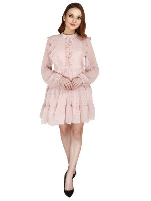 Pink tiered swiss dot chiffon dress has a round neck, full length puff sleeves, an attachable lining attached fabric frill at the front