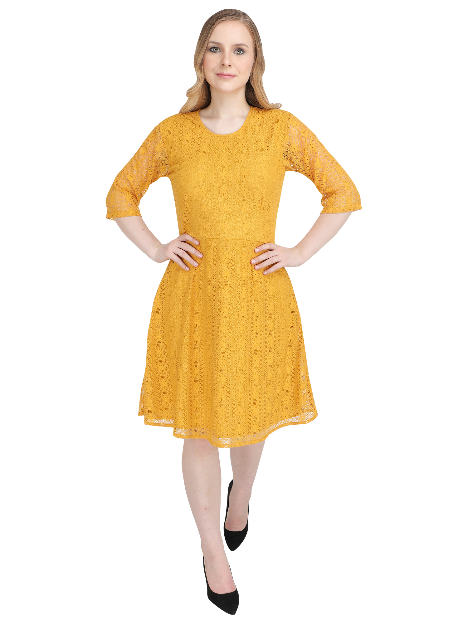 Yellow self – design A-line dress, has a round neck, padded bust, sheer ...
