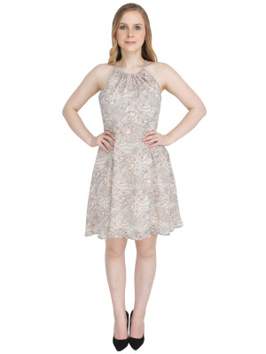 Florida Georgette, Floral printed woven and flare dress, has a halter neck, sleeveless, concealed zipper closure at the back,