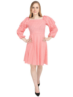 100 % cotton, Red and white gingham check dress has a square neck, puff sleeves, concealed zipper closure at the back and flared hem