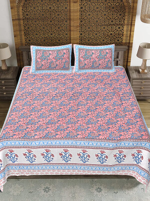 Red Jaipuri Print Cotton king 90 by 108 Floral Bedsheet with two big size pillow cover BS-14