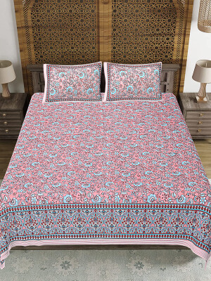 Pink & Grey Jaipuri Print Cotton king 90 by 108 Floral Bedsheet with two big size pillow cover BS-15