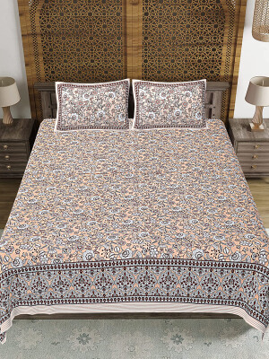 Grey Jaipuri Floral Print Cotton king 90 by 108 Floral Bedsheet with two big size pillow cover BS-16