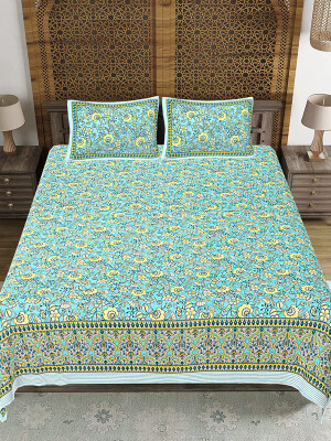 Floral Sea Green Jaipuri Print Cotton king 90 by 108 Floral Bedsheet with two big size pillow cover BS-17