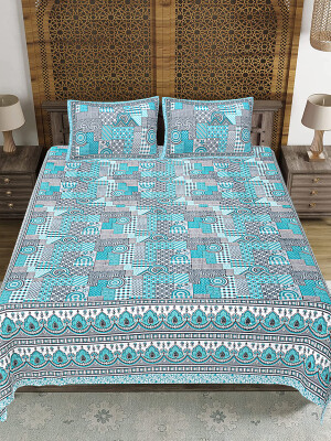 Blue & White  Jaipuri Print Cotton king 90 by 108 Floral Bedsheet with two big size pillow cover BS-19