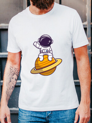 Men's Round Neck White Astronaut Printed Cotton T-shirt