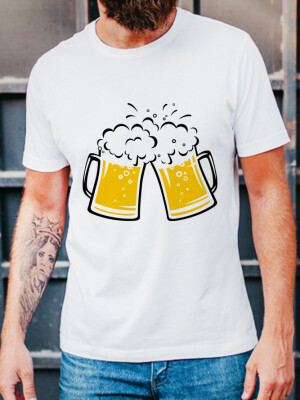 Men's Round Neck White Beer Mugs Printed Cotton T-shirt- DDTS-1