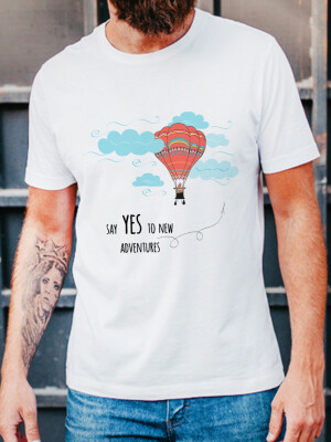Men's Round Neck White Adventure Hot Air Balloon Printed Cotton T-shirt