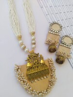 Pastel yellow, beige, and golden beads necklace earrings set