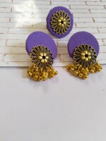Stunning purple golden round studs earrings with adjustable ring set