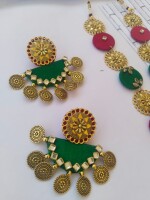 Red, green and golden metal long neckline earrings set