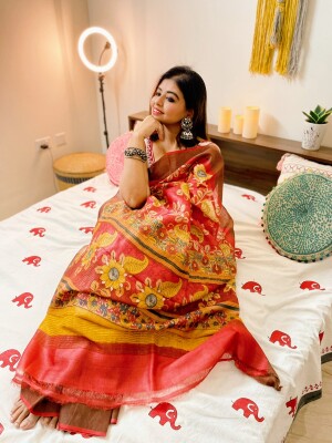 Red Tussar Silk Kalamkari: Exquisite Artistry Meets Luxurious Silk