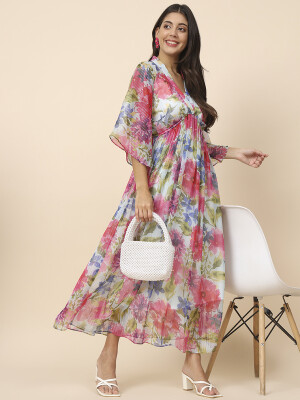 Floral Printed Kaftan V-neck, three – quarter, kimono sleeve Midi Dress