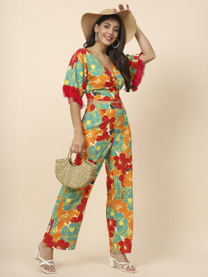 Women Floral printed  V- neckline, regular half sleeves with frilly lace Polyester Co-ord Sets