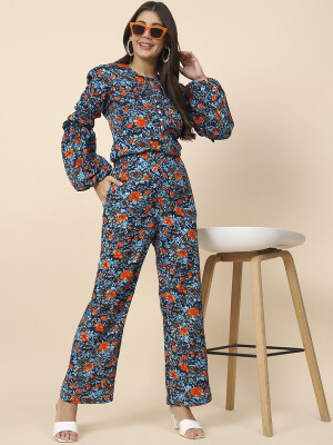 Floral Printed Crepe full sleeves Co-ord Set- Blue