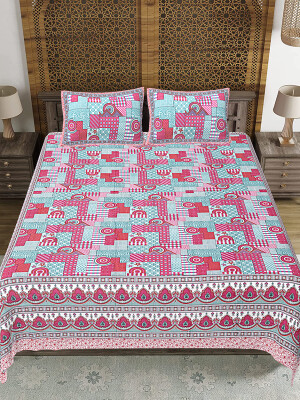 Jaipuri Print Cotton king 90 by 108 Floral Bedsheet with two big size pillow cover BS-22 Multicolor