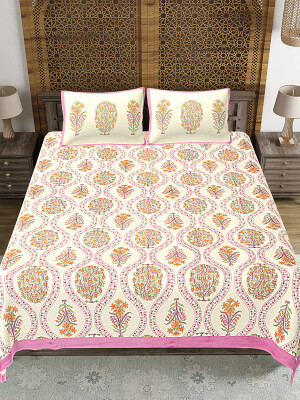 Jaipuri Print Cotton king 90 by 108 Floral Bedsheet with two big size pillow cover BS-27 Cream color Floral print