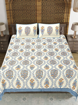 Jaipuri Print Cotton king 90 by 108 Floral Bedsheet with two big size pillow cover BS-28 White Floral print