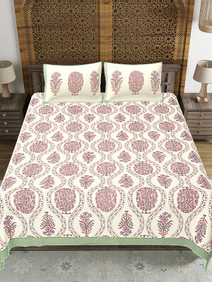Jaipuri Print Cotton king 90 by 108 Floral Bedsheet with two big size pillow cover BS-29 Cream color Floral print