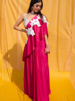 Fuchsia Pink,Crepe Adjustable Saree cum Dress with Stitched  Blouse