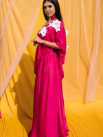 Fuchsia Pink,Crepe Adjustable Saree cum Dress with Stitched  Blouse