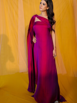 Dual toned ,Purple Malai silk Drape Dress ,the dress flaunts sleeveless, elasticized fitting with side zipper closure. 