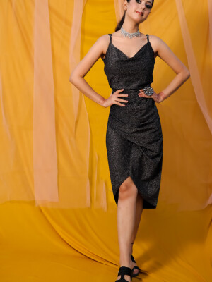 Black ,Cowl Neck Party Dress, Stretch Knit Fabric,Front gathered overlap  at the bottom and side zip for closure.