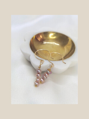 Classy Pink pearl long drop earrings, feature naturally onion-colored freshwater pearls, handcrafted in gold plated wire