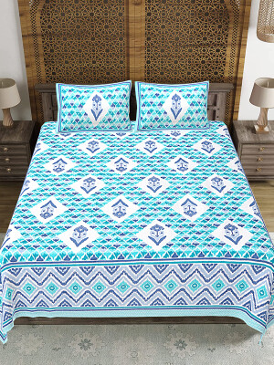 Jaipuri Print Cotton king 90 by 108 Floral Bedsheet with two big size pillow cover BS-34 Blue