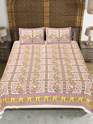 Jaipuri Print Cotton king 90 by 108 Floral Bedsheet with two big size pillow cover BS-36 Multicolor