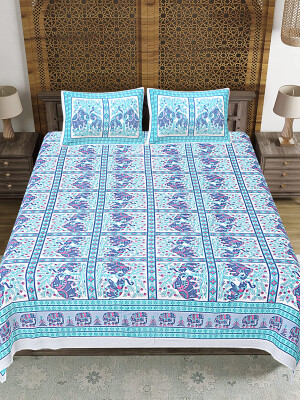 Jaipuri Print Cotton king 90 by 108 Floral Bedsheet with two big size pillow cover BS-37 Skyblue