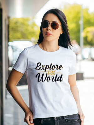 Women's Round Neck White Explore the World Printed Cotton T-shirt- DDTSW-12